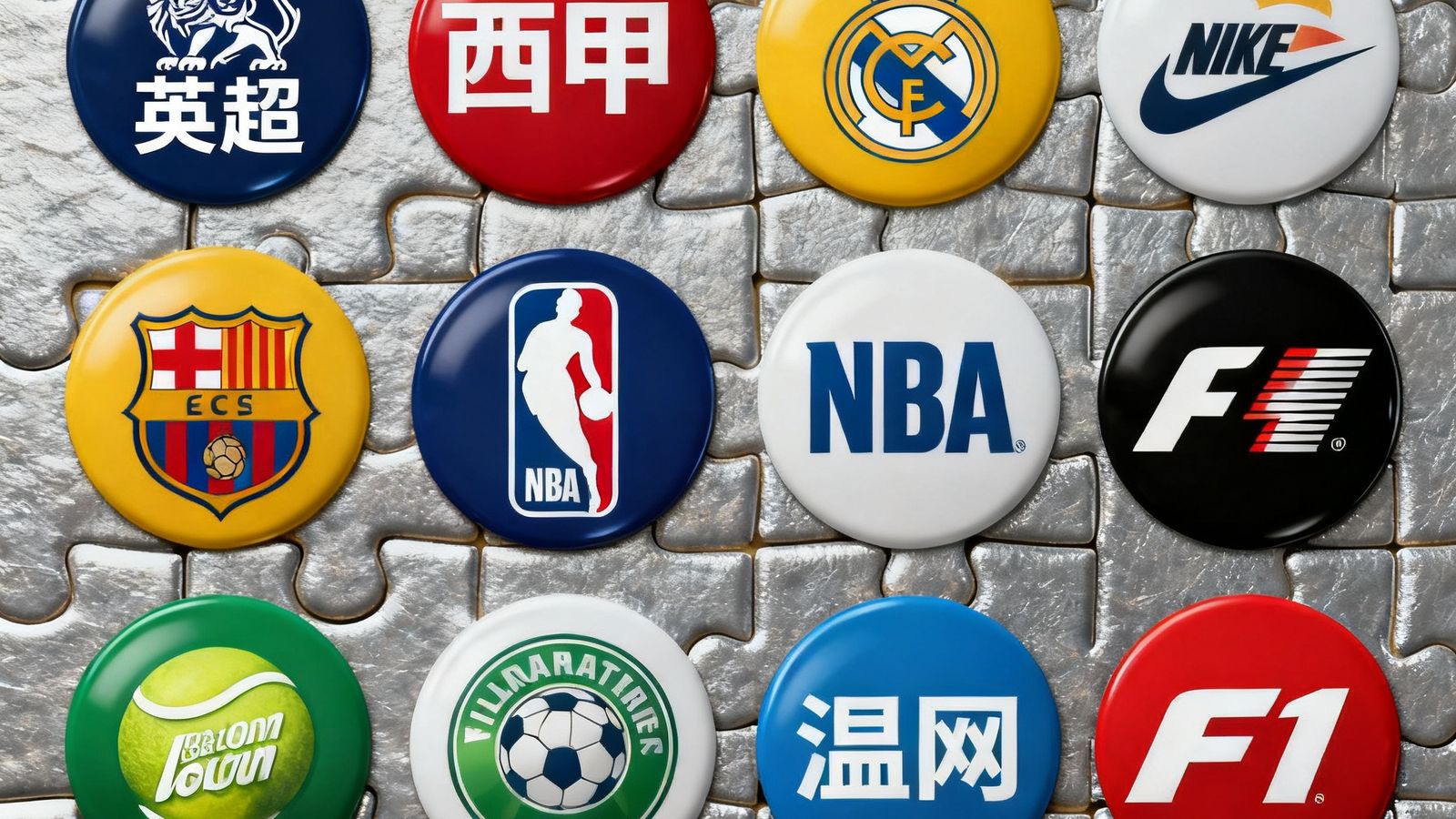 友博体育覆盖的全球主要体育赛事品牌拼图，包含英超、西甲、NBA、温网、F1等标志性赛事logo，象征平台赛事资源的广度与深度