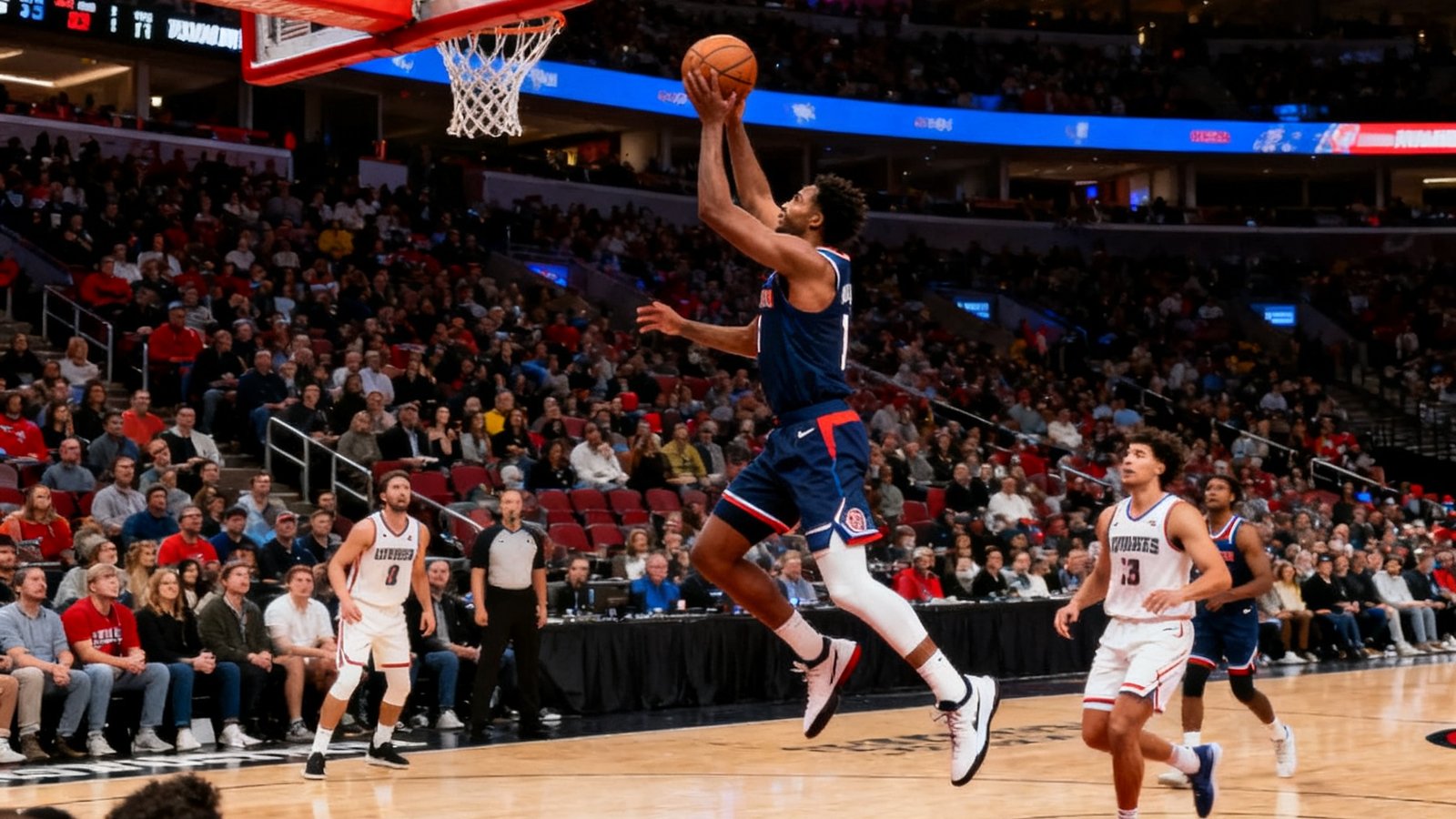 友博体育APP高清直播NBA篮球赛事画面，画面中球员正在快攻上篮，观众席座无虚席，直播画质清晰流畅无卡顿